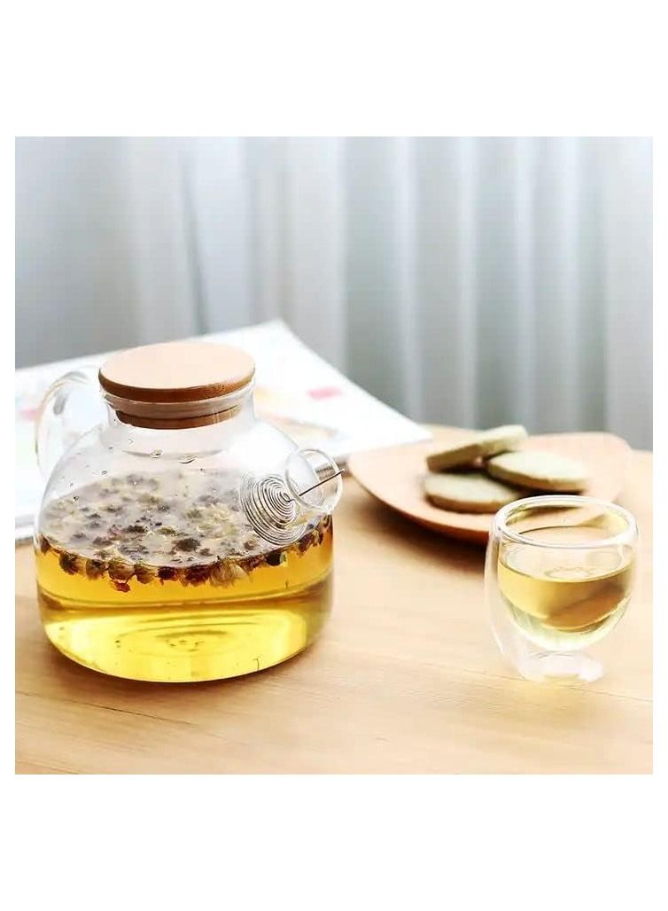 Bamboo Lid Borosilicate Glass Teapot with Detachable Filter Wire Coil To Loose Tea, 1500ml