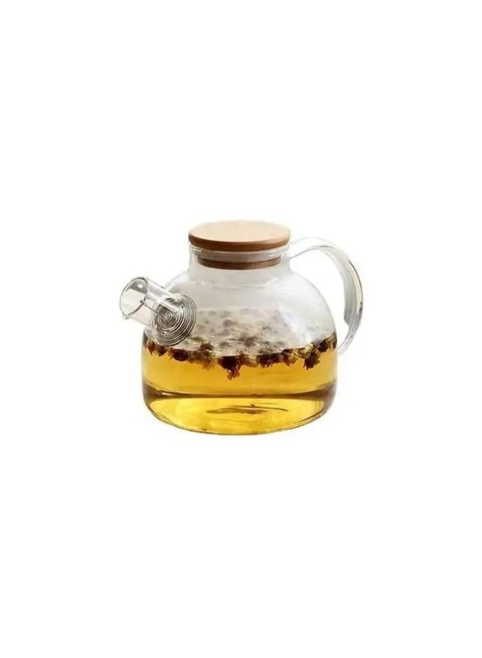 Bamboo Lid Borosilicate Glass Teapot with Detachable Filter Wire Coil To Loose Tea, 1500ml