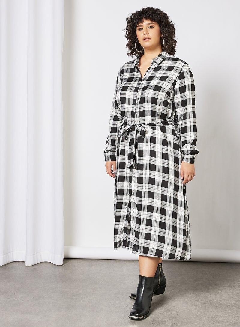 Curvy Check Print Shirt Dress Black