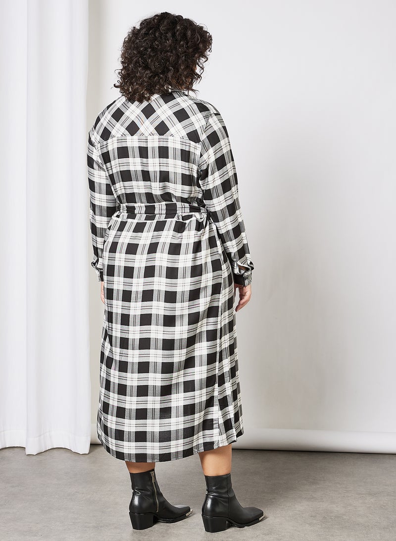 Curvy Check Print Shirt Dress Black