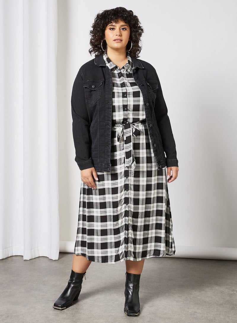 Curvy Check Print Shirt Dress Black