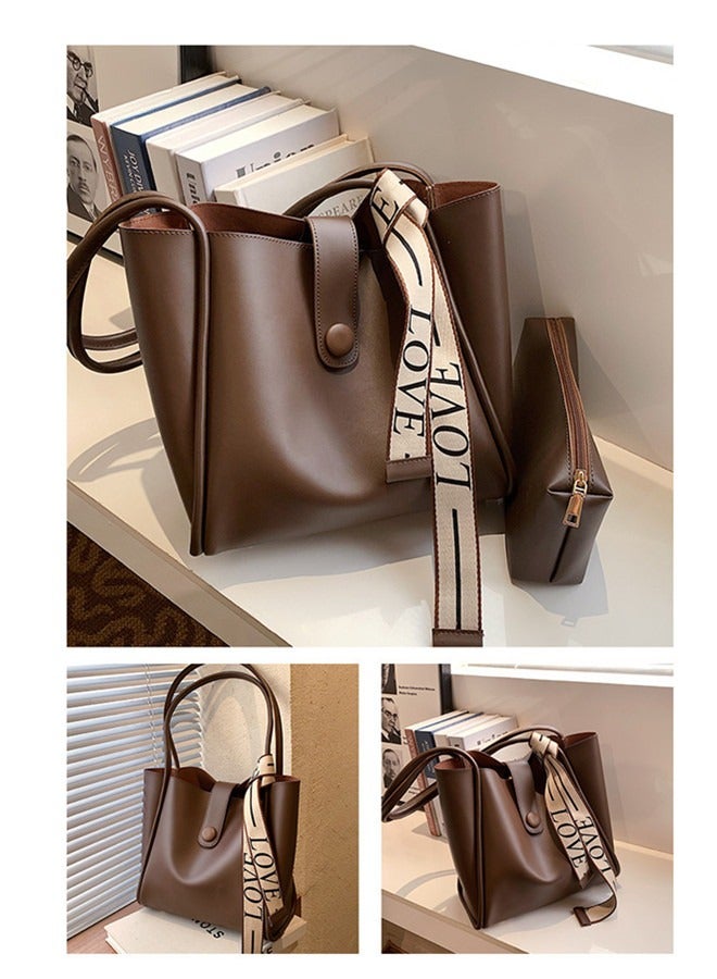 Women's Large-Capacity Bag All-Match Commuter Shoulder Bag Student Tote Bag Retro Texture with Fashion Ribbon