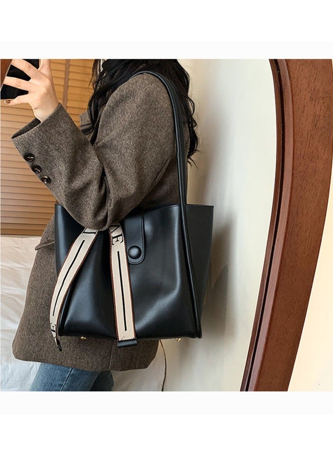 Women's Large-Capacity Bag All-Match Commuter Shoulder Bag Student Tote Bag Retro Texture with Fashion Ribbon