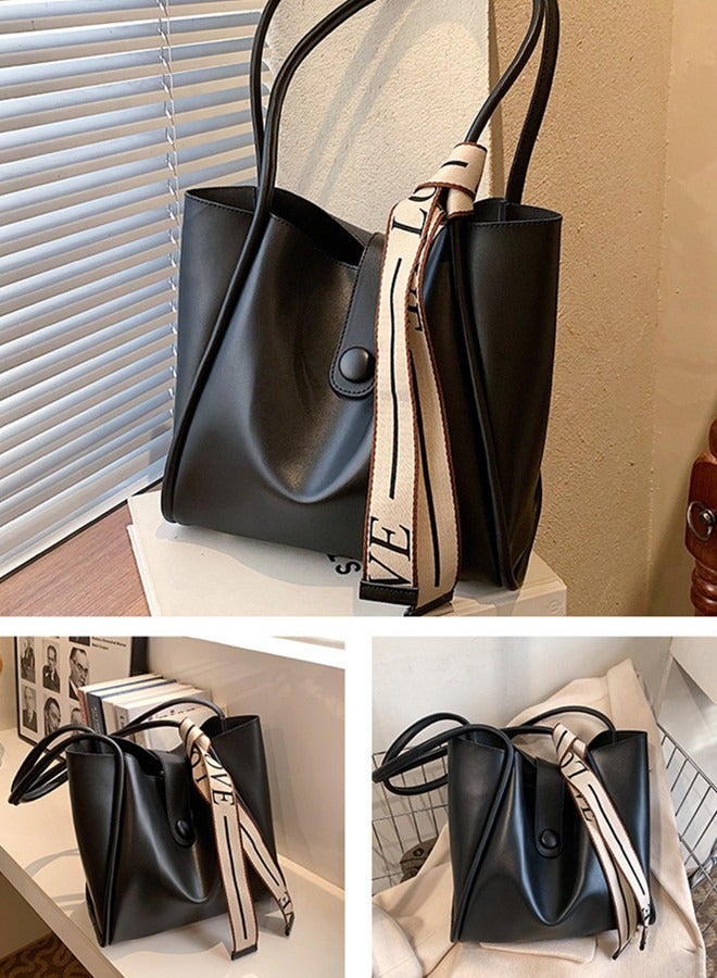 Women's Large-Capacity Bag All-Match Commuter Shoulder Bag Student Tote Bag Retro Texture with Fashion Ribbon