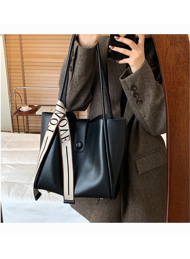 Women's Large-Capacity Bag All-Match Commuter Shoulder Bag Student Tote Bag Retro Texture with Fashion Ribbon