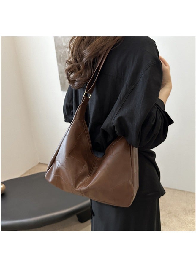 Large capacity retro tote bag, casual commuting personalized shoulder bag  Grid pattern brown