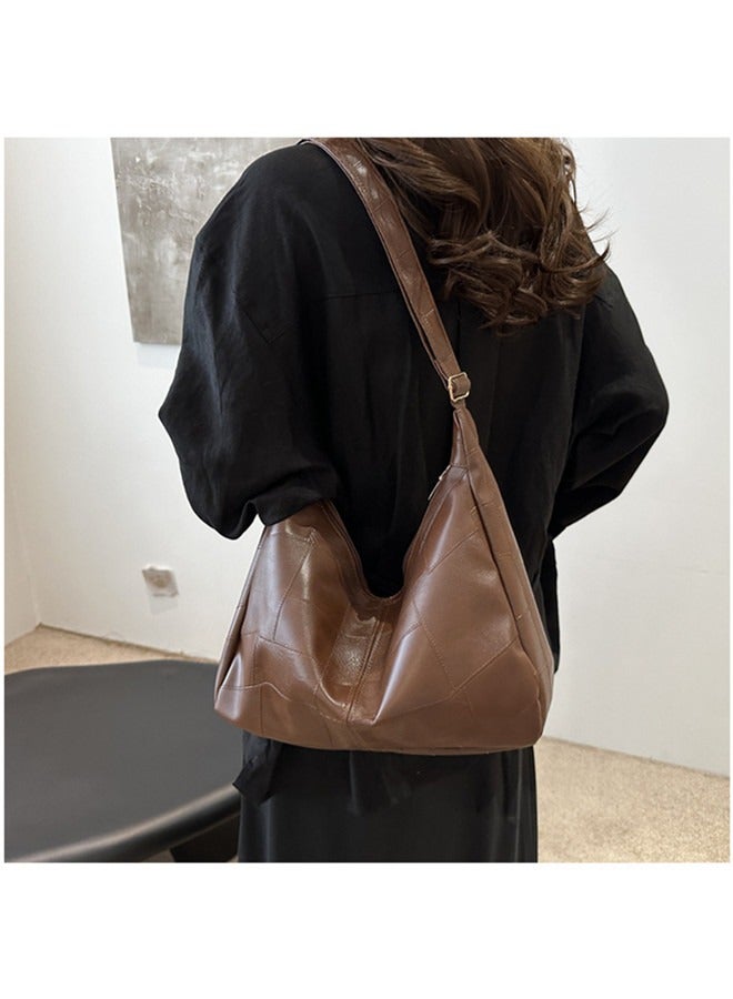 Large capacity retro tote bag, casual commuting personalized shoulder bag  Grid pattern brown