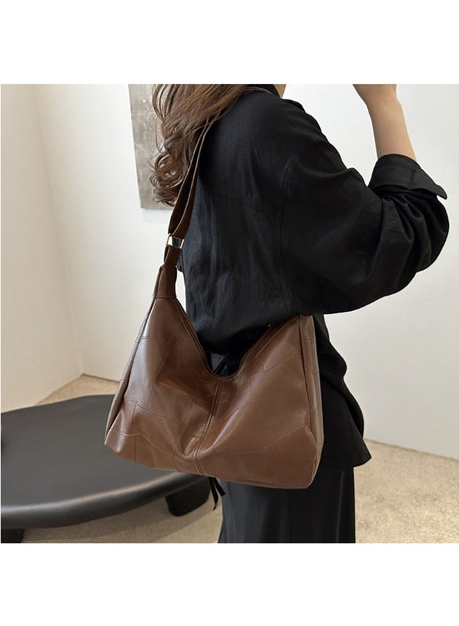 Large capacity retro tote bag, casual commuting personalized shoulder bag  Grid pattern brown