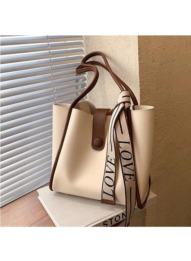 Women's Large-Capacity Bag All-Match Commuter Shoulder Bag Student Tote Bag Retro Texture with Fashion Ribbon