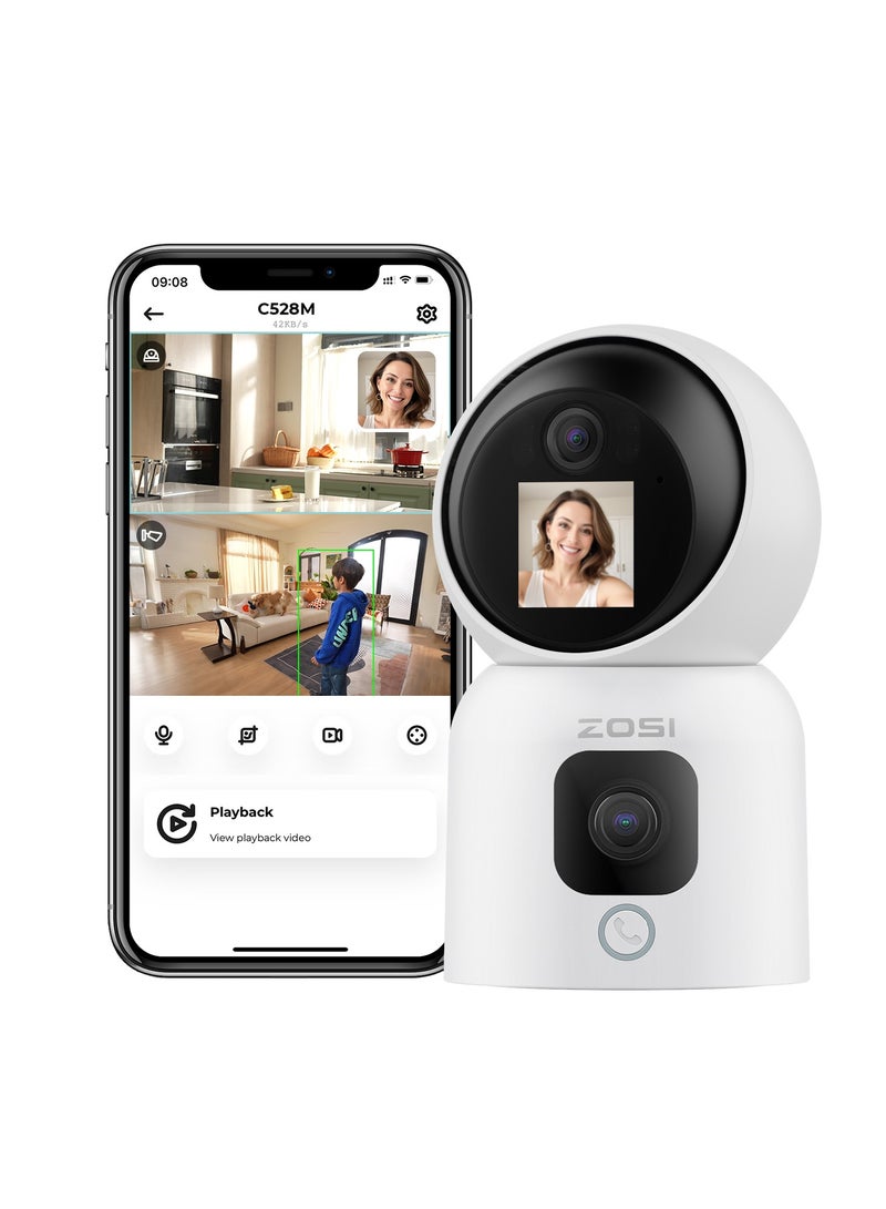 ZOSI Dual-Lens 2K WiFi Security Camera Indoor, 355° Views Pan/Tilt Home CCTV Camera with 2 Way Audio, One-Touch Calling, Smart Person Detection, 2.4G/5G Dual-Band WiFi, C528