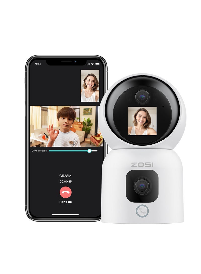 ZOSI Dual-Lens 2K WiFi Security Camera Indoor, 355° Views Pan/Tilt Home CCTV Camera with 2 Way Audio, One-Touch Calling, Smart Person Detection, 2.4G/5G Dual-Band WiFi, C528