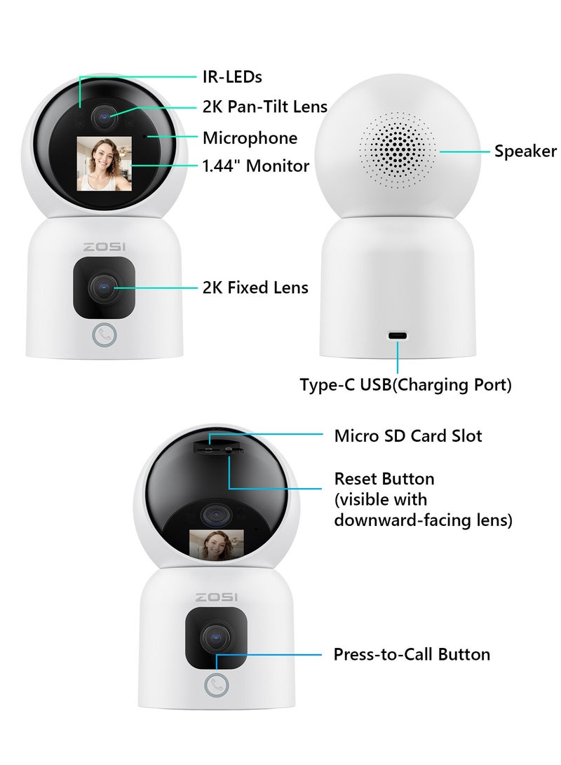 ZOSI Dual-Lens 2K WiFi Security Camera Indoor, 355° Views Pan/Tilt Home CCTV Camera with 2 Way Audio, One-Touch Calling, Smart Person Detection, 2.4G/5G Dual-Band WiFi, C528