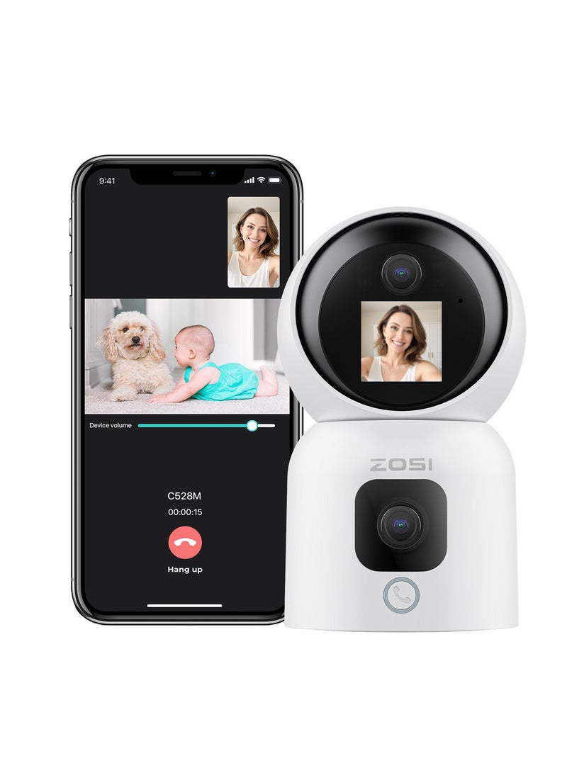 ZOSI Dual-Lens 2K WiFi Security Camera Indoor, 355° Views Pan/Tilt Home CCTV Camera with 2 Way Audio, One-Touch Calling, Smart Person Detection, 2.4G/5G Dual-Band WiFi, C528