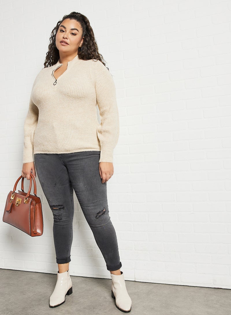 Plus Size Zip-Up Neckline Sweater Beige