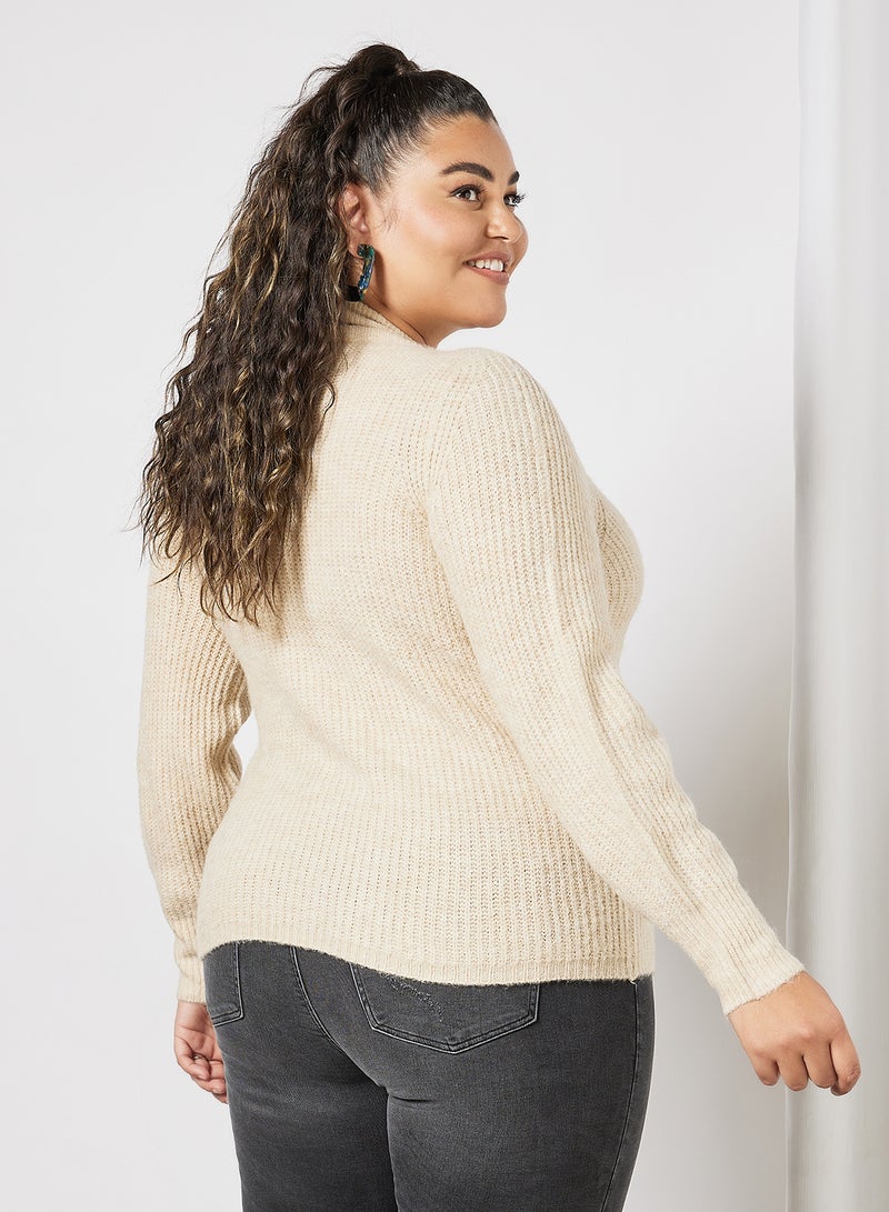 Plus Size Zip-Up Neckline Sweater Beige