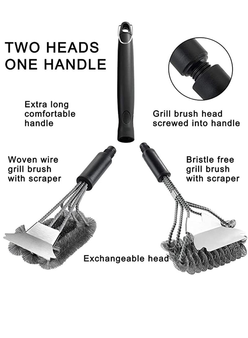 Grill Brush with Scraper 18 Inch Two Kinds of Exchangeable Brush Head at Carrying Bag - Safe Wire Stainless Steel BBQ Brush - Barbecue Cleaning Grill Brush for Gas/Charcoal Grilling Grates