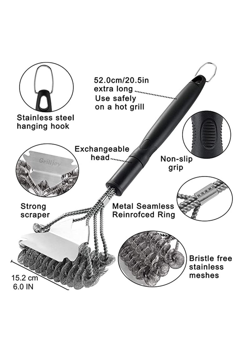 Grill Brush with Scraper 18 Inch Two Kinds of Exchangeable Brush Head at Carrying Bag - Safe Wire Stainless Steel BBQ Brush - Barbecue Cleaning Grill Brush for Gas/Charcoal Grilling Grates