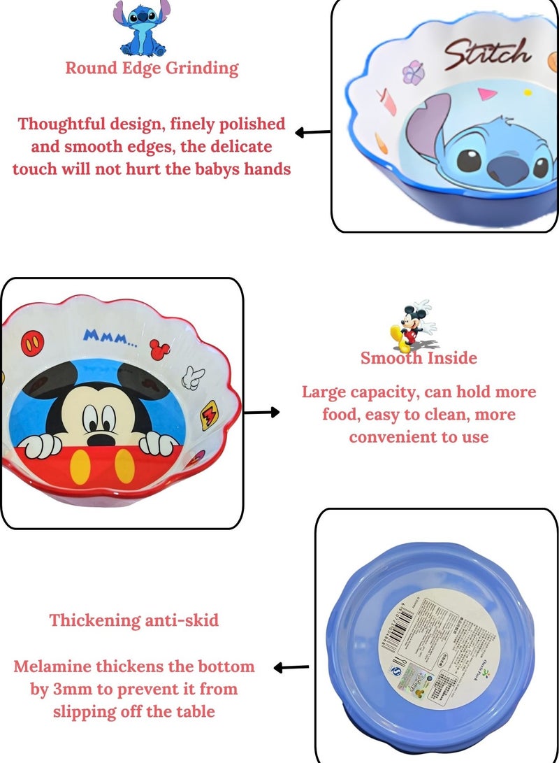 4pcs Melamine Bowl with Assorted Disney Character Stitch, Ariel, Mc Queen, Mickey Mouse Tableware Fruits, Cereals, Snacks Soup, Rice Durable Bowl for Kids & Toddler Age 2+