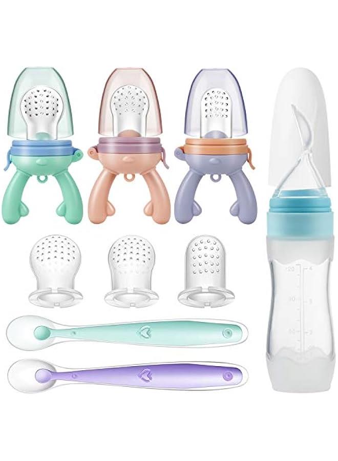 Baby Fresh Fruit Food Feeder Nibbler Pacifier Teether (3 Pack) |Food Dispensing Spoon (1 Pack)| Food Grade Soft Safe BPA-Free Silicone Pouches (3 Extra)|Soft Spoons (2 Pack)