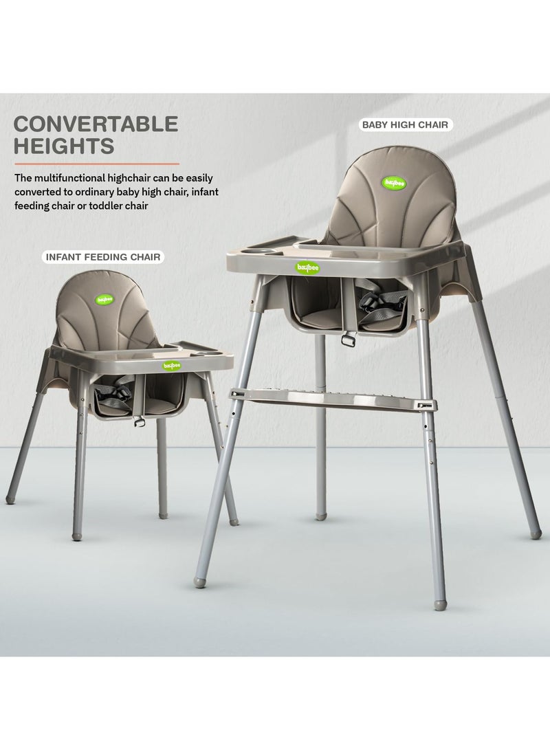 2 in 1 Clento Baby High Chair for Kids, Baby Feeding Chair With 2 Height Adjustable, Footrest, Tray, Stand, 3 Point Safety Belt, Kids High Chair For Baby 6 Months To 3 Years - Grey