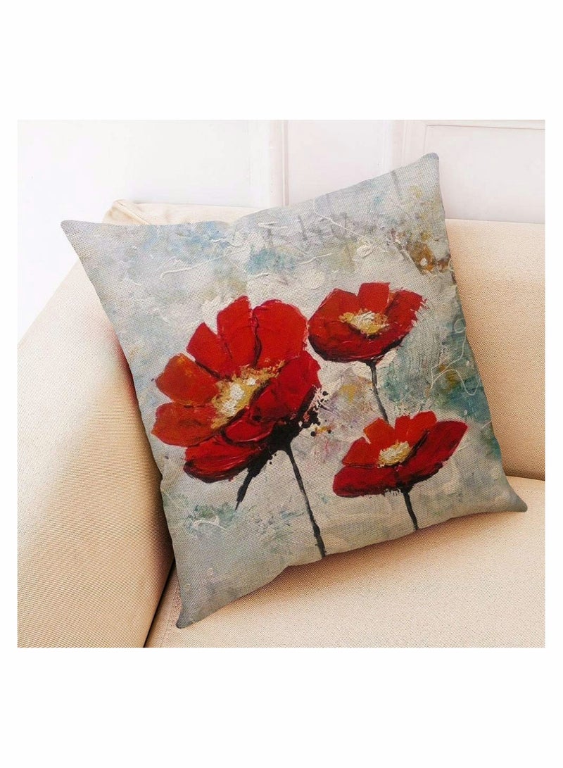 Throw Pillow Covers, 4 Pack Red Flower Cushion Covers 18x18 inches Boho Linen Square Throw Pillow Cases for Living Room Sofa Couch Bed Decorative Pillowcases