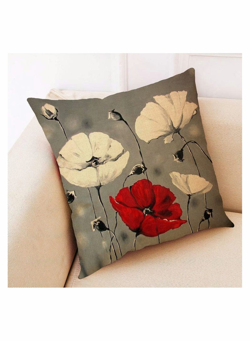 Throw Pillow Covers, 4 Pack Red Flower Cushion Covers 18x18 inches Boho Linen Square Throw Pillow Cases for Living Room Sofa Couch Bed Decorative Pillowcases