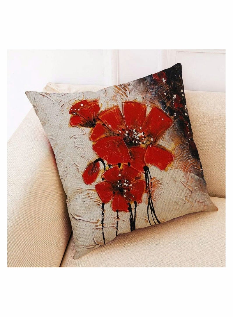 Throw Pillow Covers, 4 Pack Red Flower Cushion Covers 18x18 inches Boho Linen Square Throw Pillow Cases for Living Room Sofa Couch Bed Decorative Pillowcases