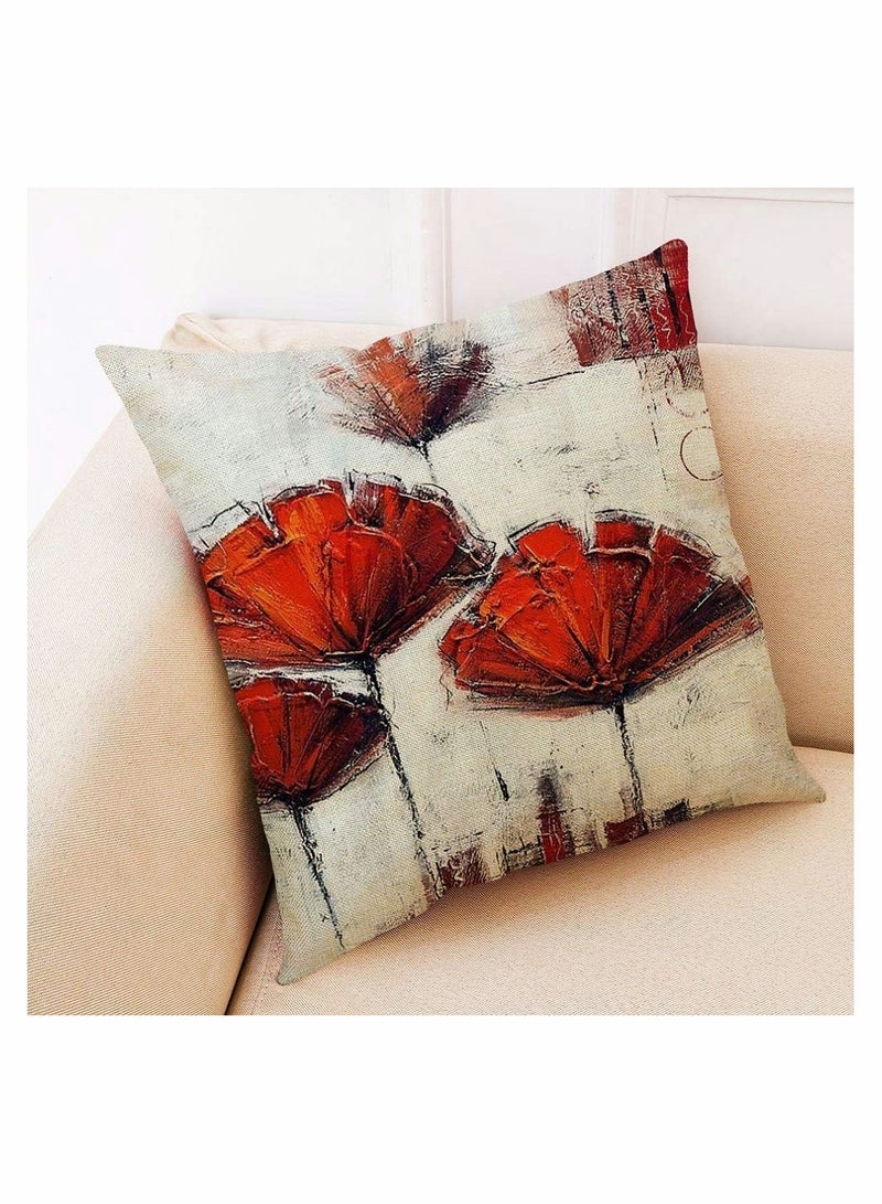 Throw Pillow Covers, 4 Pack Red Flower Cushion Covers 18x18 inches Boho Linen Square Throw Pillow Cases for Living Room Sofa Couch Bed Decorative Pillowcases