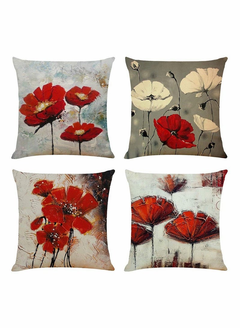 Throw Pillow Covers, 4 Pack Red Flower Cushion Covers 18x18 inches Boho Linen Square Throw Pillow Cases for Living Room Sofa Couch Bed Decorative Pillowcases