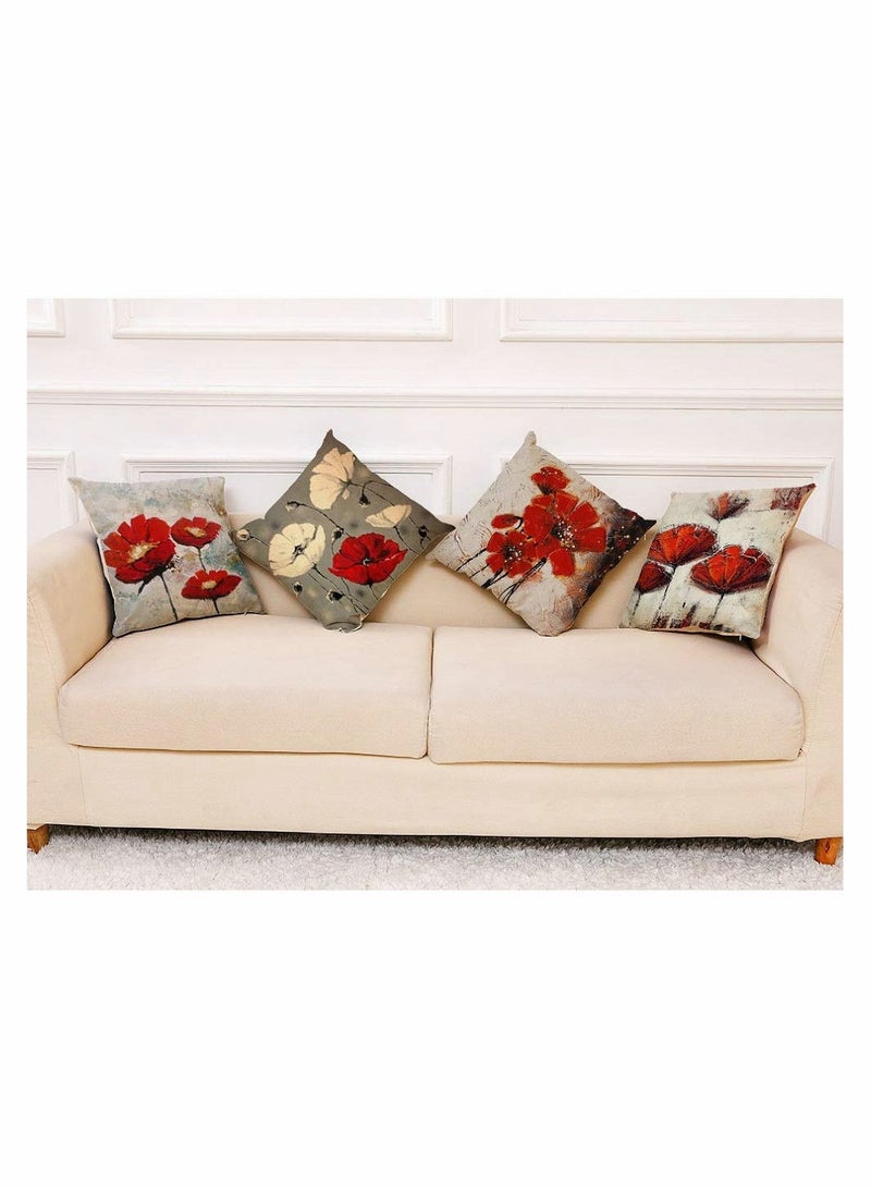 Throw Pillow Covers, 4 Pack Red Flower Cushion Covers 18x18 inches Boho Linen Square Throw Pillow Cases for Living Room Sofa Couch Bed Decorative Pillowcases