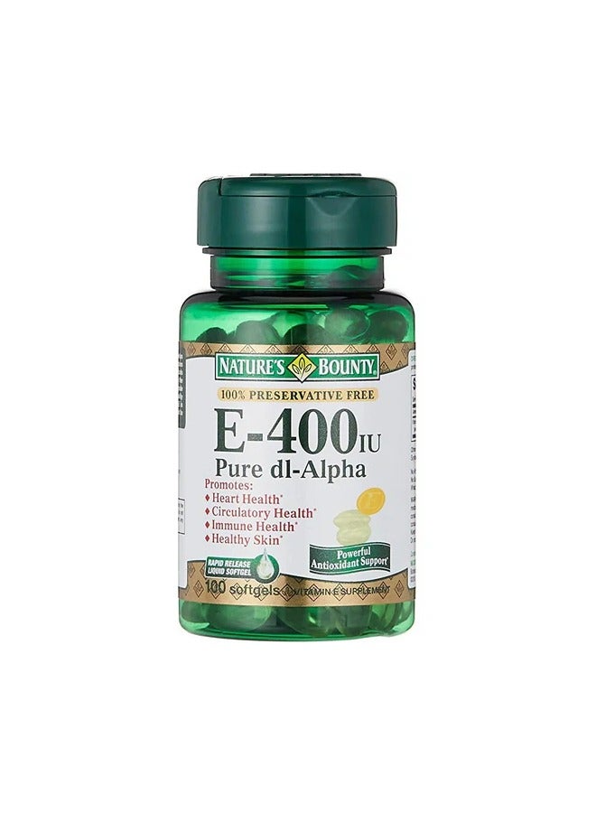 E-400 IU Vitamin E - Pure dl-Alpha - Supports Heart Health, Circulatory Health, Immune Health & Healthy Skin - 100 Softgels