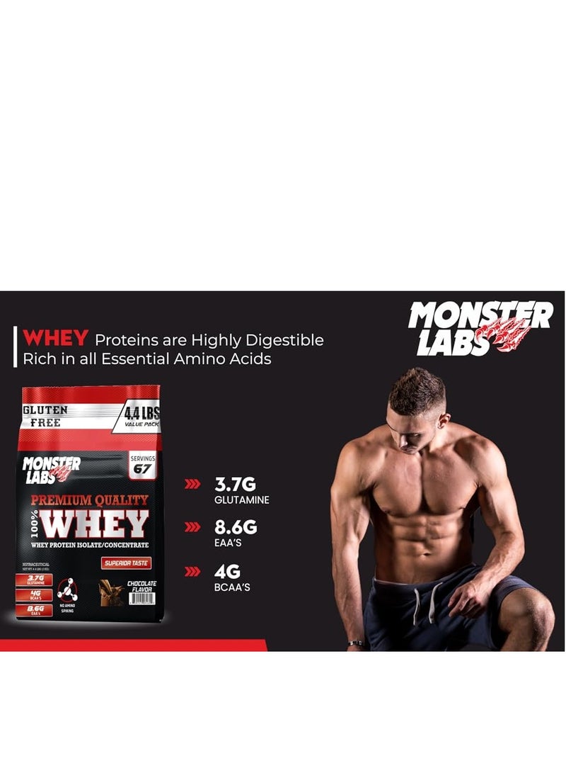 Monster Labs 100% Whey Protein Powder Primary Source Isolate, 24 Grams of Protein for Muscle Support and Recovery - Chocolate, 4.4 Lbs, 67 Servings