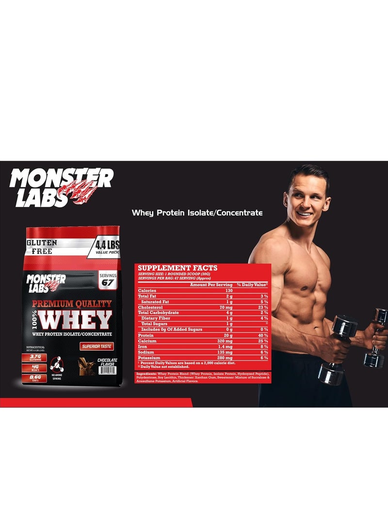 Monster Labs 100% Whey Protein Powder Primary Source Isolate, 24 Grams of Protein for Muscle Support and Recovery - Chocolate, 4.4 Lbs, 67 Servings