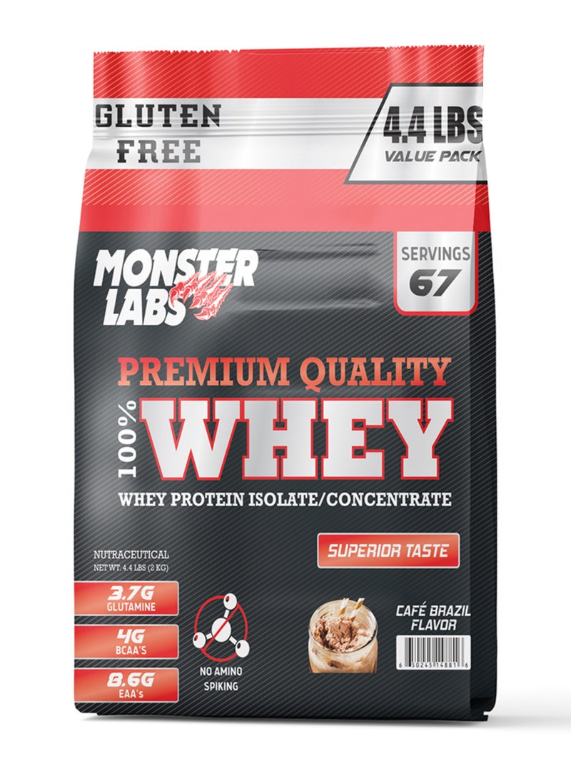 Monster Labs 100% Whey Protein Powder Primary Source Isolate, 24 Grams of Protein for Muscle Support and Recovery - Café Brazil, 4.4 Lbs, 67 Servings