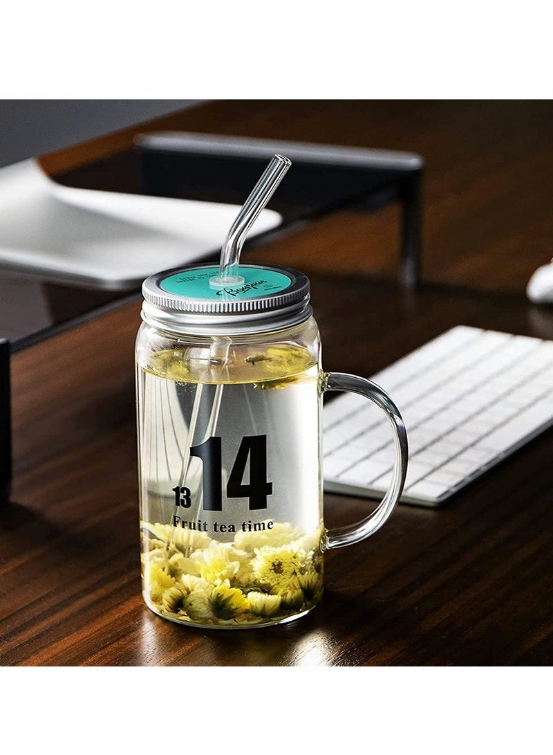 Glass Mug Drinking Bottle Jar with Handles Reusable Glass Water Bottle Wide Mouth Clear Drinking Glass Bottle with Colored Lids for Juicing Water Tea 16 Oz