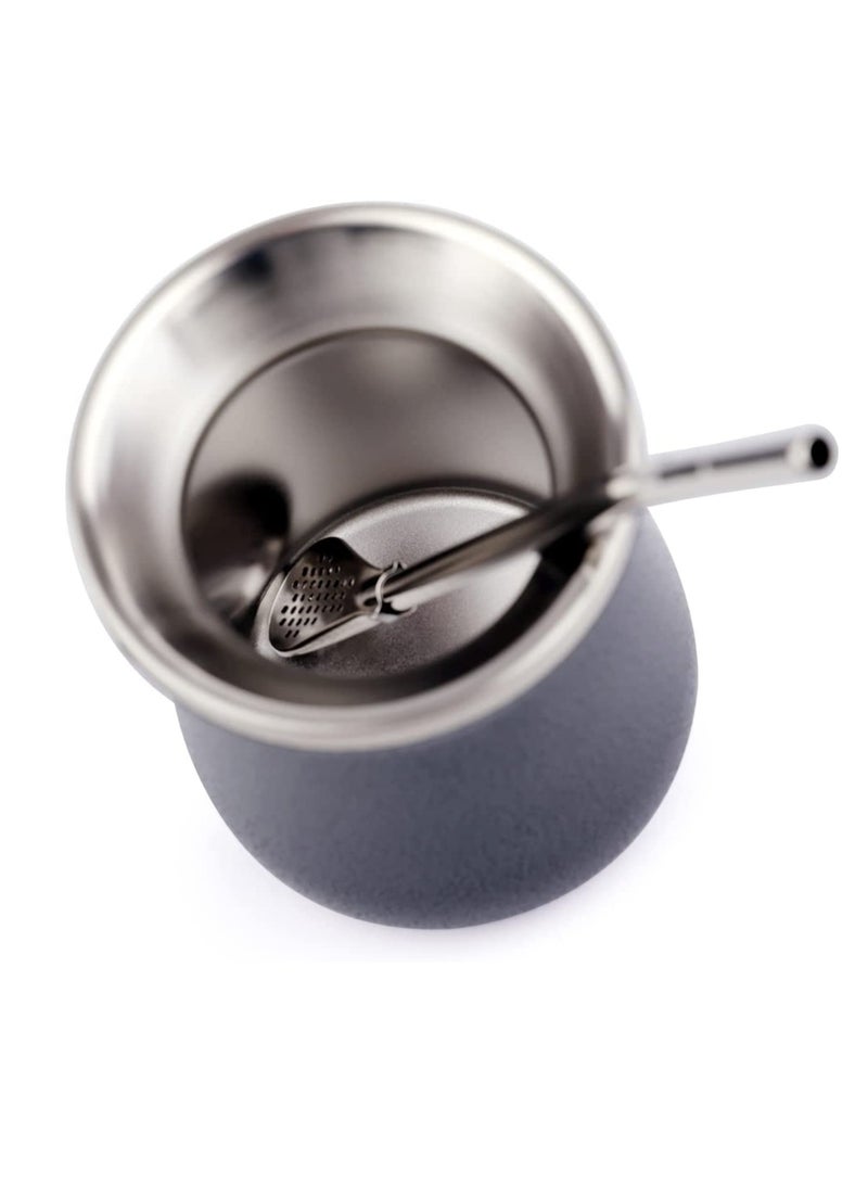 Stainless Steel Yerba Mate Cup Set with Bombilla 8oz Double Walled Black Tea Gourd with Straw