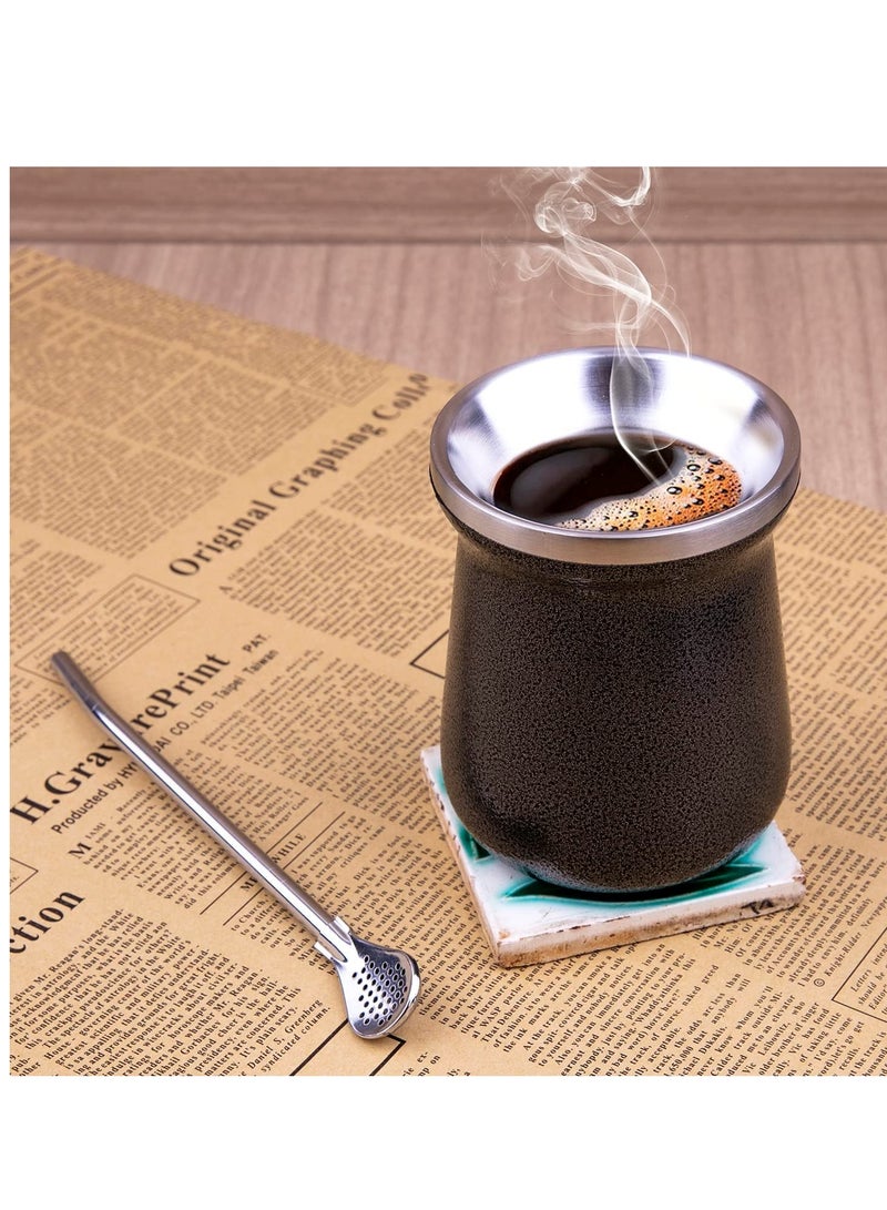 Stainless Steel Yerba Mate Cup Set with Bombilla 8oz Double Walled Black Tea Gourd with Straw