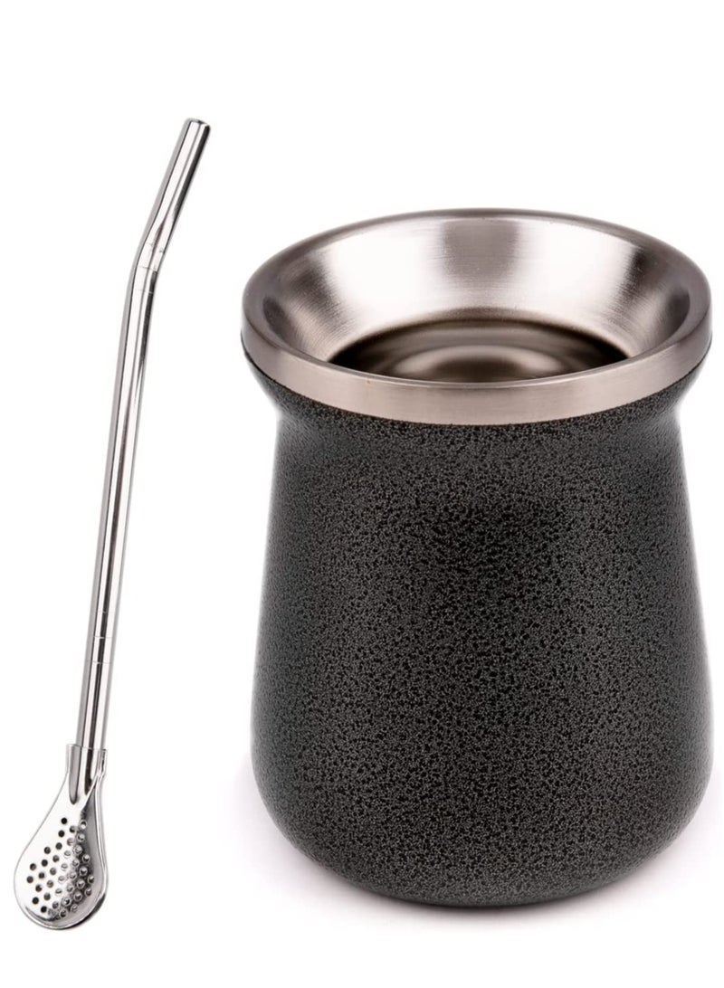 Stainless Steel Yerba Mate Cup Set with Bombilla 8oz Double Walled Black Tea Gourd with Straw