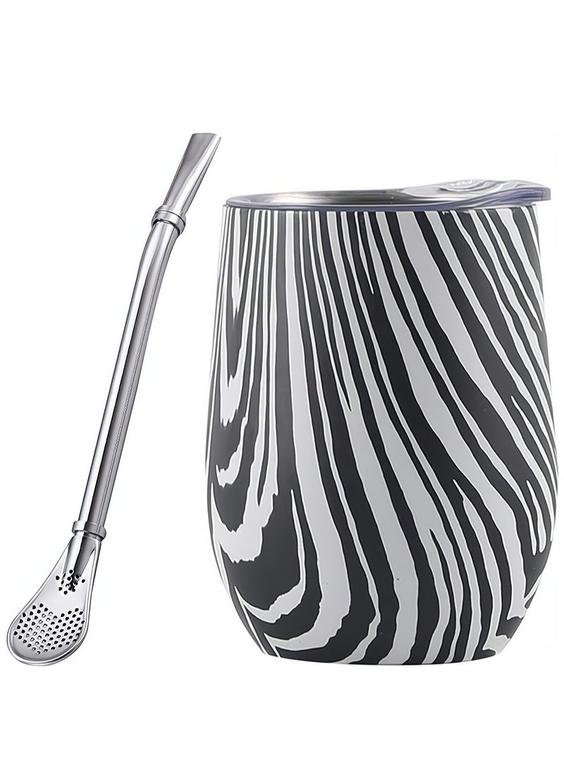 Zebra Stripe Yerba Mate Tea Set with 12oz Double Wall Cup and Bombilla Straw Easy to Clean Stainless Steel Natural Gourd for Loose Leaf Drinks