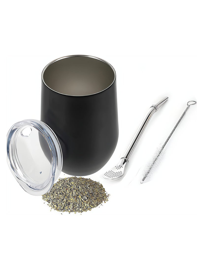 12oz Double Wall Stainless Steel Yerba Mate Tea Cup with Bombilla Straw Easy Clean Black Gourd Set for Loose Leaf Drinking