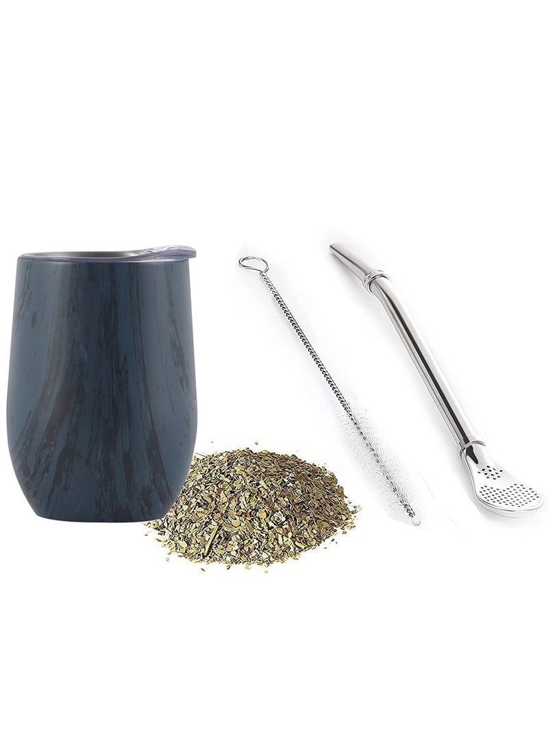 Yerba Mate Tea Set 12oz Double Wall Stainless Steel Gourd Cup with Bombilla Straw Easy Clean Dark Blue Plus Black