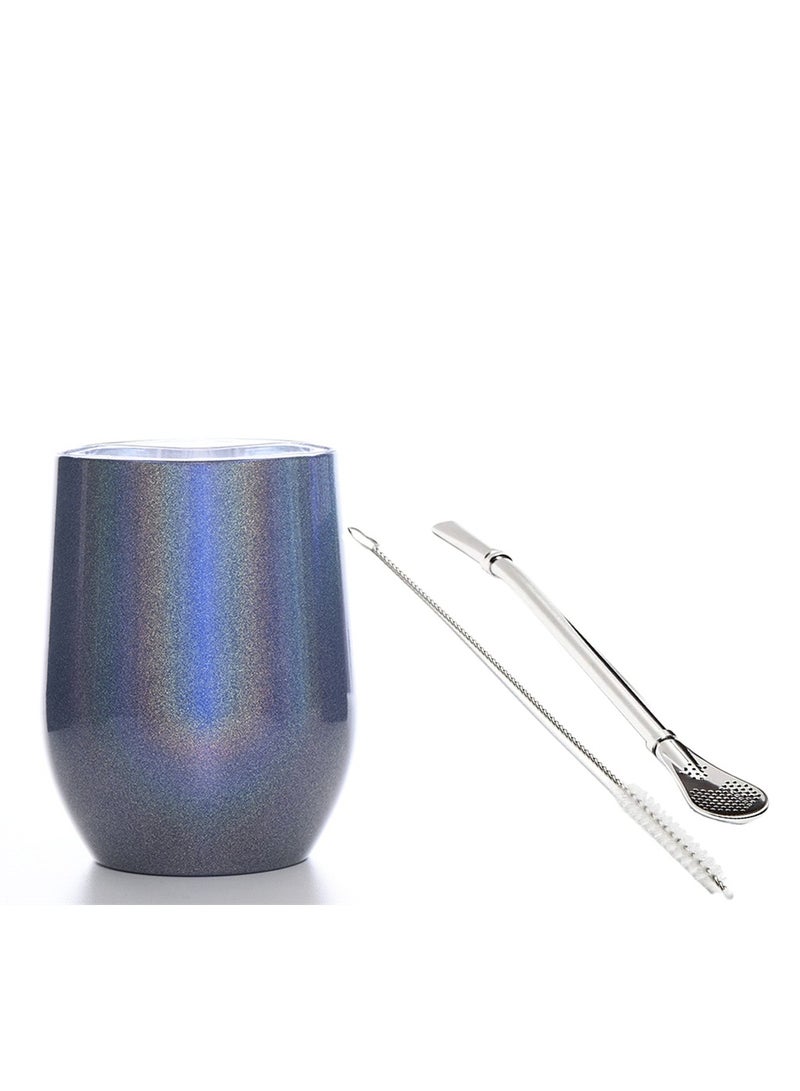 Double Wall Yerba Mate Cup with Bombilla Straw Set 12oz Stainless Steel Gourd for Loose Leaf Tea and Coffee Easy to Clean Discolored Blue