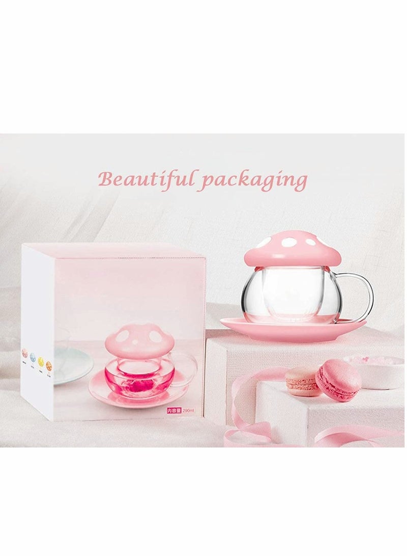 Tea Mug with Strainer Filter Infuser Mushroom Design Heat Resistant Gifts For Women and Men 290ML 9.6oz  Pink