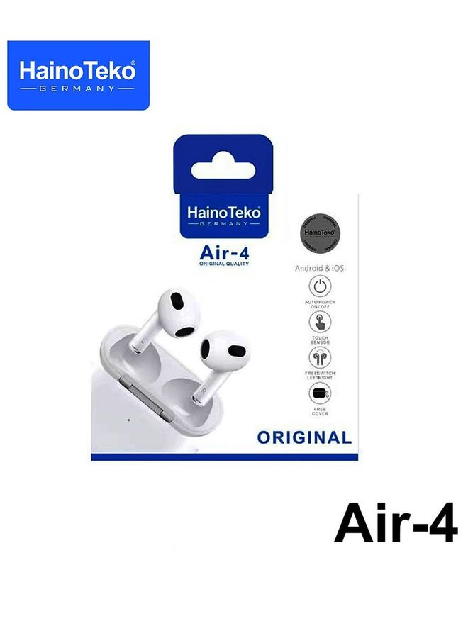 Haino Teko Germany Air4 Wireless Bluetooth Earphone With High Bass Sound Quality and Multifunctional Touch Control Compatible With Android Phones White