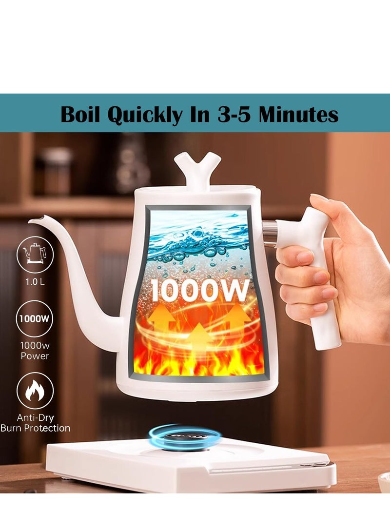 Electric Gooseneck Coffee Kettle Stainless Steel Electric Water Kettle With 7 Preset Temperature Indicate Constant Temperature And Touch Screen Panel White 1L 1000W