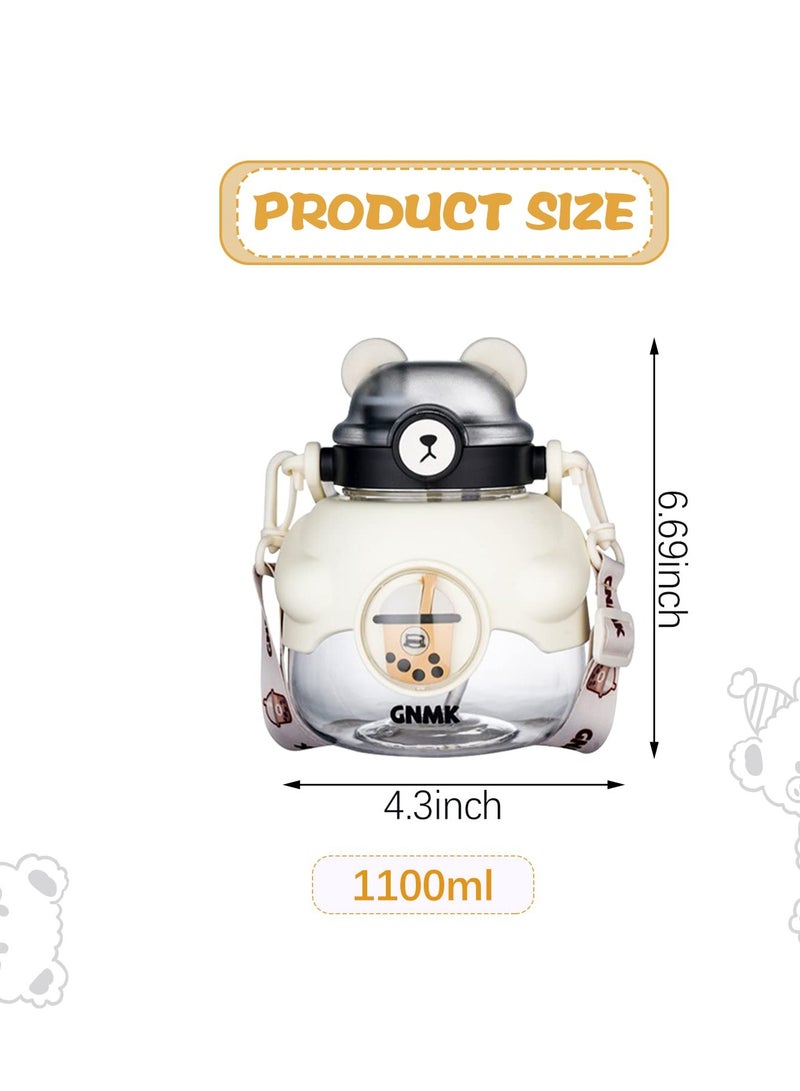 Kawaii Bear Straw Bottle,  Large Water Bottle, Bear Shaped Water Bottle with Straw and Strap, Cute Portable Water Bottles for Women Girls Sports Camping Picnic Hiking Travel 1100ml -10℃-100℃