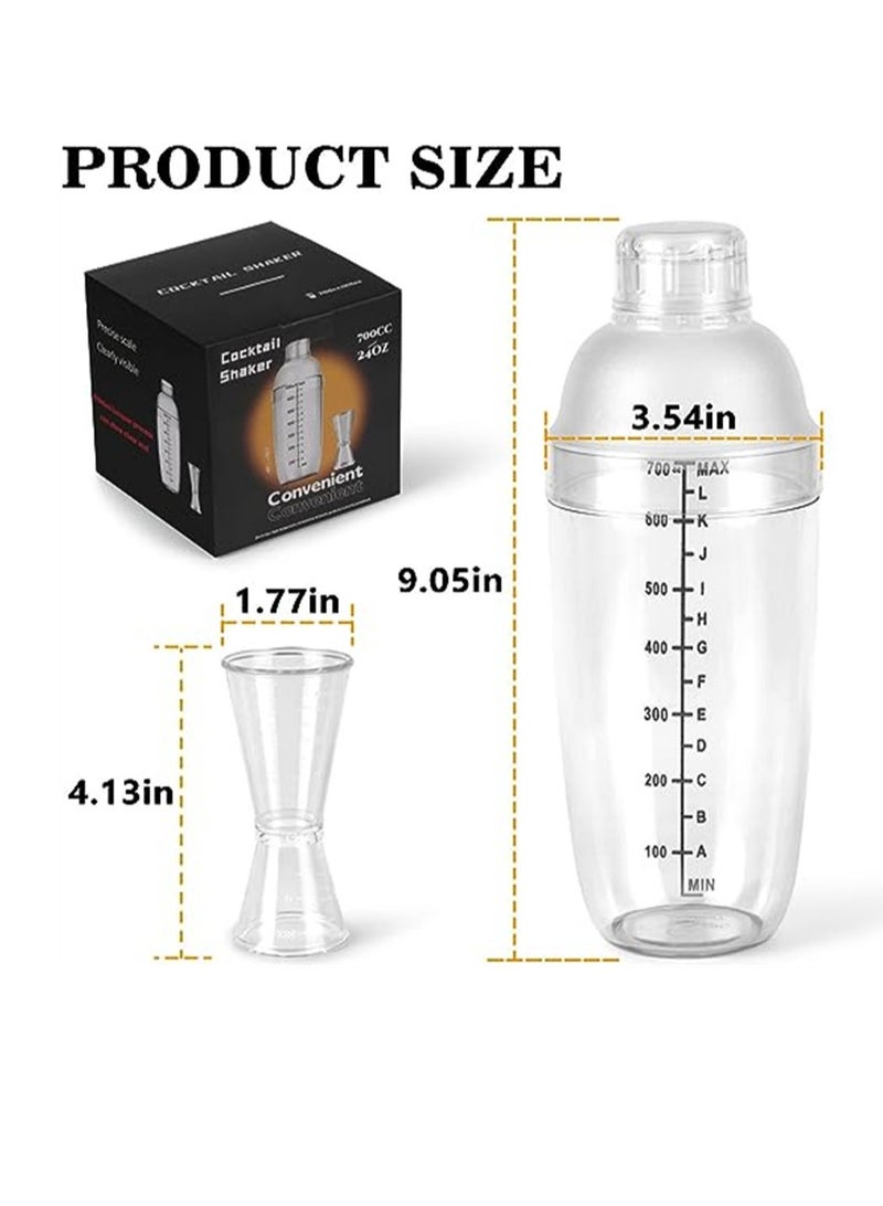Plastic Cocktail Shaker 4 Pcs 24oz Drink Mixer Drink Shaker with 4 Pcs Ounce Cup Plastic Shaker Bottle Tea Drink Mixer Cocktail Measuring Cup for Kitchen Bar Party Tools