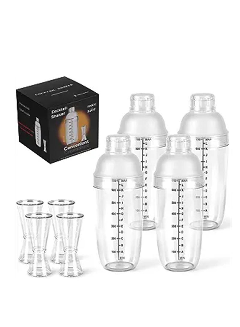 Plastic Cocktail Shaker 4 Pcs 24oz Drink Mixer Drink Shaker with 4 Pcs Ounce Cup Plastic Shaker Bottle Tea Drink Mixer Cocktail Measuring Cup for Kitchen Bar Party Tools