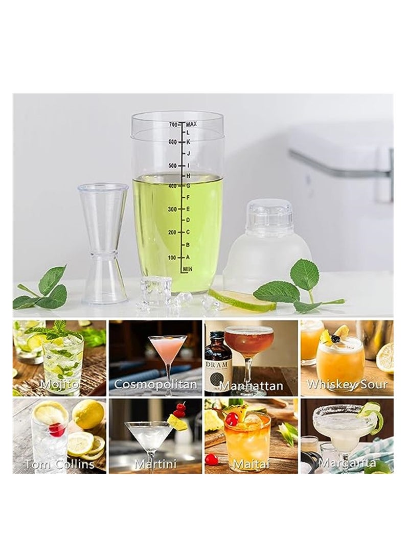 Plastic Cocktail Shaker 4 Pcs 24oz Drink Mixer Drink Shaker with 4 Pcs Ounce Cup Plastic Shaker Bottle Tea Drink Mixer Cocktail Measuring Cup for Kitchen Bar Party Tools
