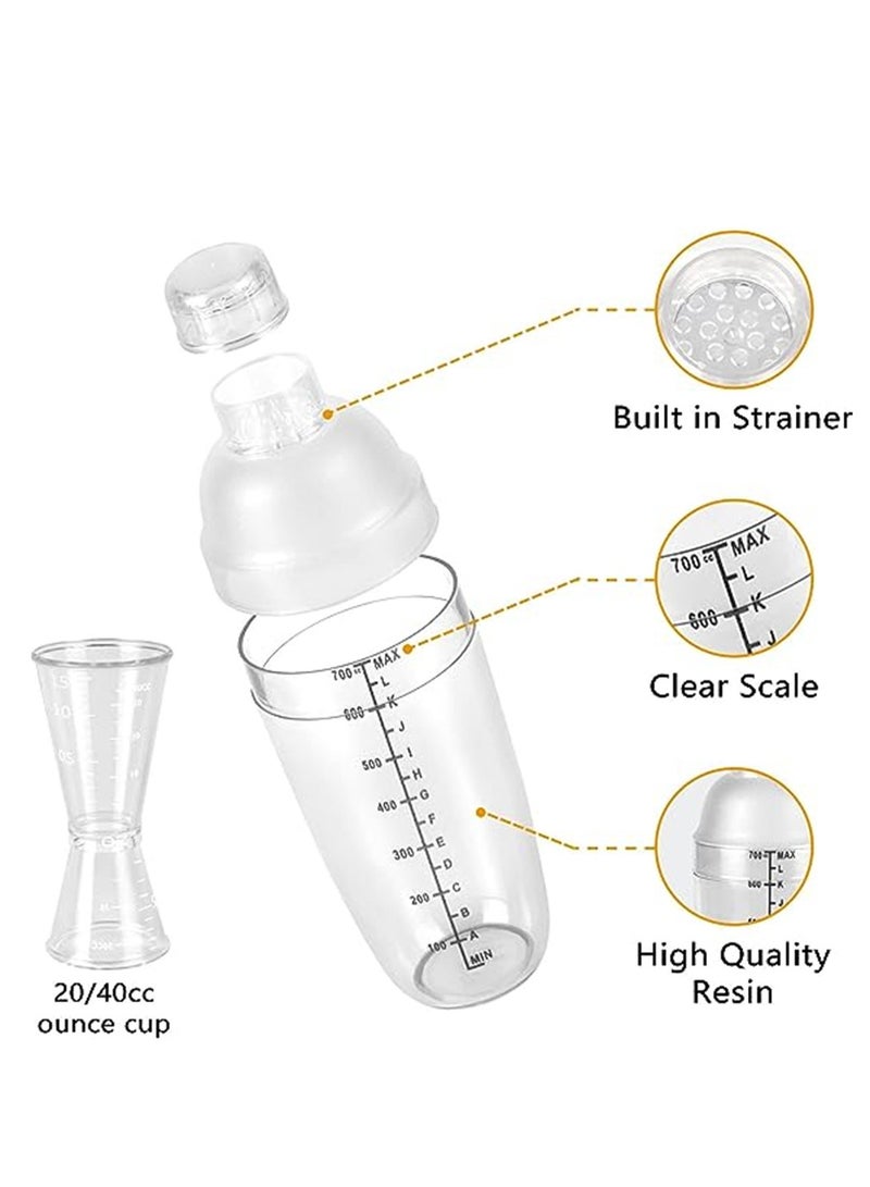 Plastic Cocktail Shaker 4 Pcs 24oz Drink Mixer Drink Shaker with 4 Pcs Ounce Cup Plastic Shaker Bottle Tea Drink Mixer Cocktail Measuring Cup for Kitchen Bar Party Tools